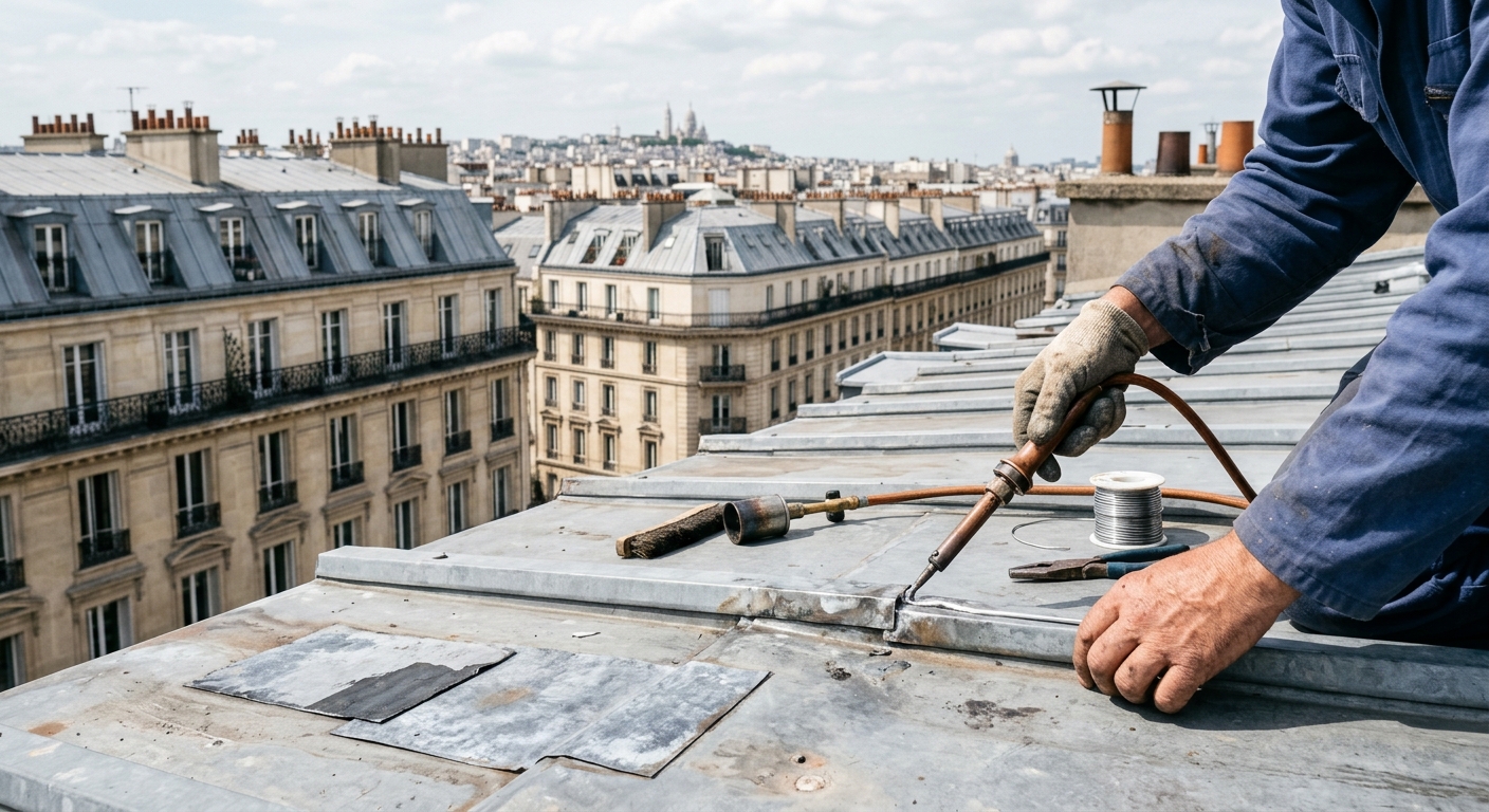 Artisan couvreur zingueur intervenant sur une toiture à Paris 19