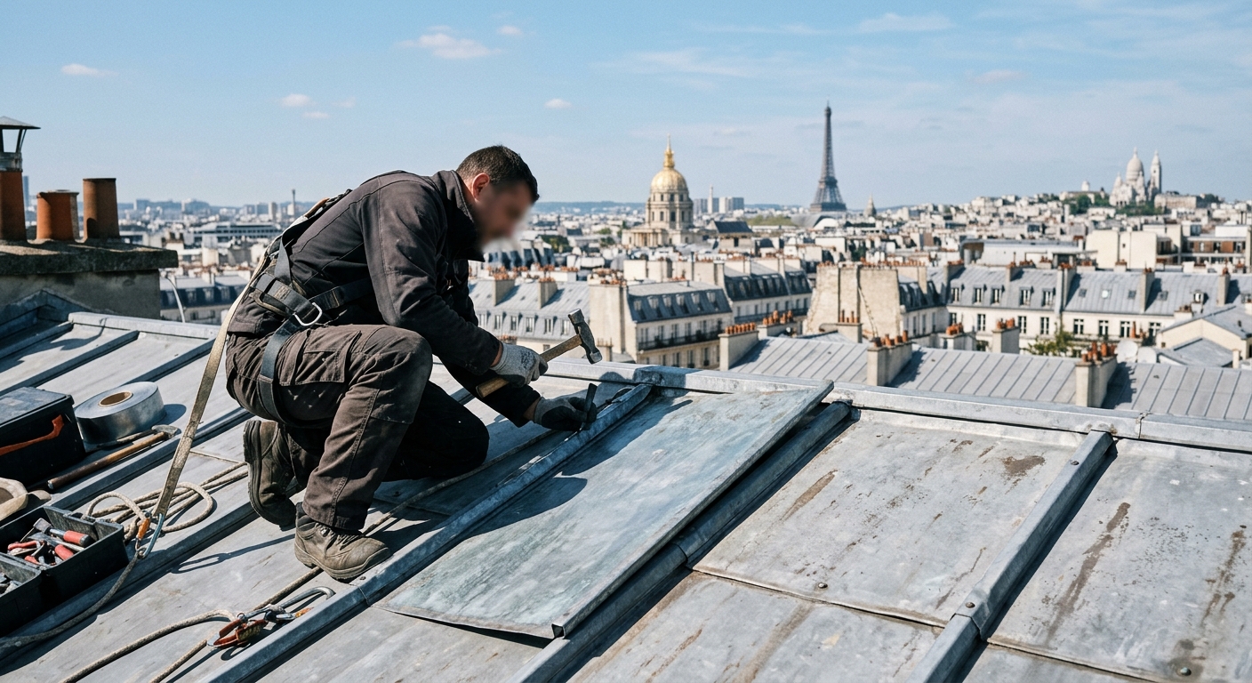Artisan couvreur intervenant en urgence sur un toit parisien
